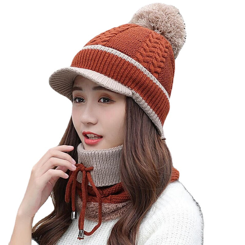 Warm Wool Beanie & Scarf Set - Winter Pom Cap