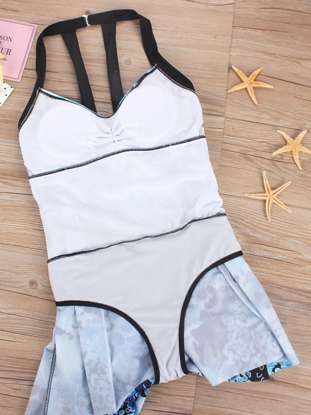 Plus Size Women's One Piece Swim Dress, Open Back, Floral Blue, V Wire, Padded, Modern Vacation Swimwear