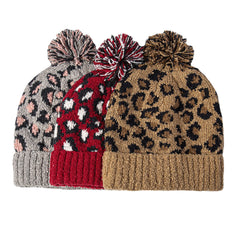 Unisex Leopard Knit Beanie with Fur Pom, Warm & Casual