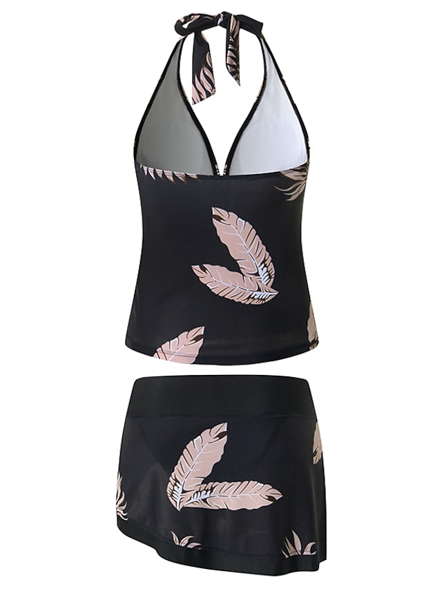 Plus Size Women's Tankini Swim Dress - Halter V Wire, Open Back, Tree/Leaf Print, Black, Modest Swimwear