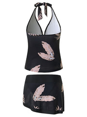Plus Size Women's Tankini Swim Dress - Halter V Wire, Open Back, Tree/Leaf Print, Black, Modest Swimwear