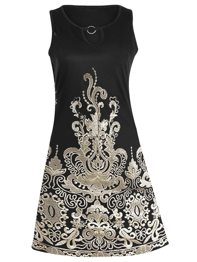 Women's Sleeveless Floral Print Crew Neck Retro Dress