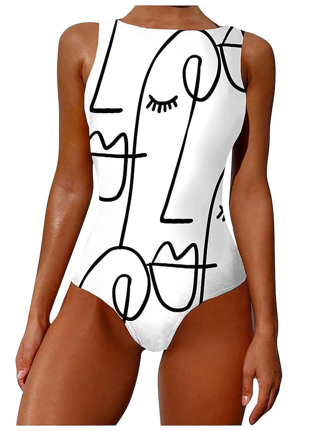 Women's Swimwear One Piece Normal Swimsuit Printing Graffiti Black White Blue Khaki Beige Bodysuit Bathing Suits Sports Beach Wear Summer