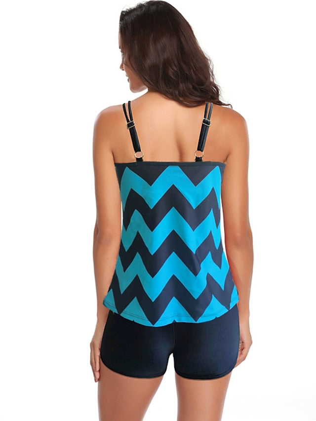 Women's Swimwear Tankini with Shorts / Top Normal Swimsuit Printing Adjustable Waves Stripes / Ripples Blue Camisole Strap