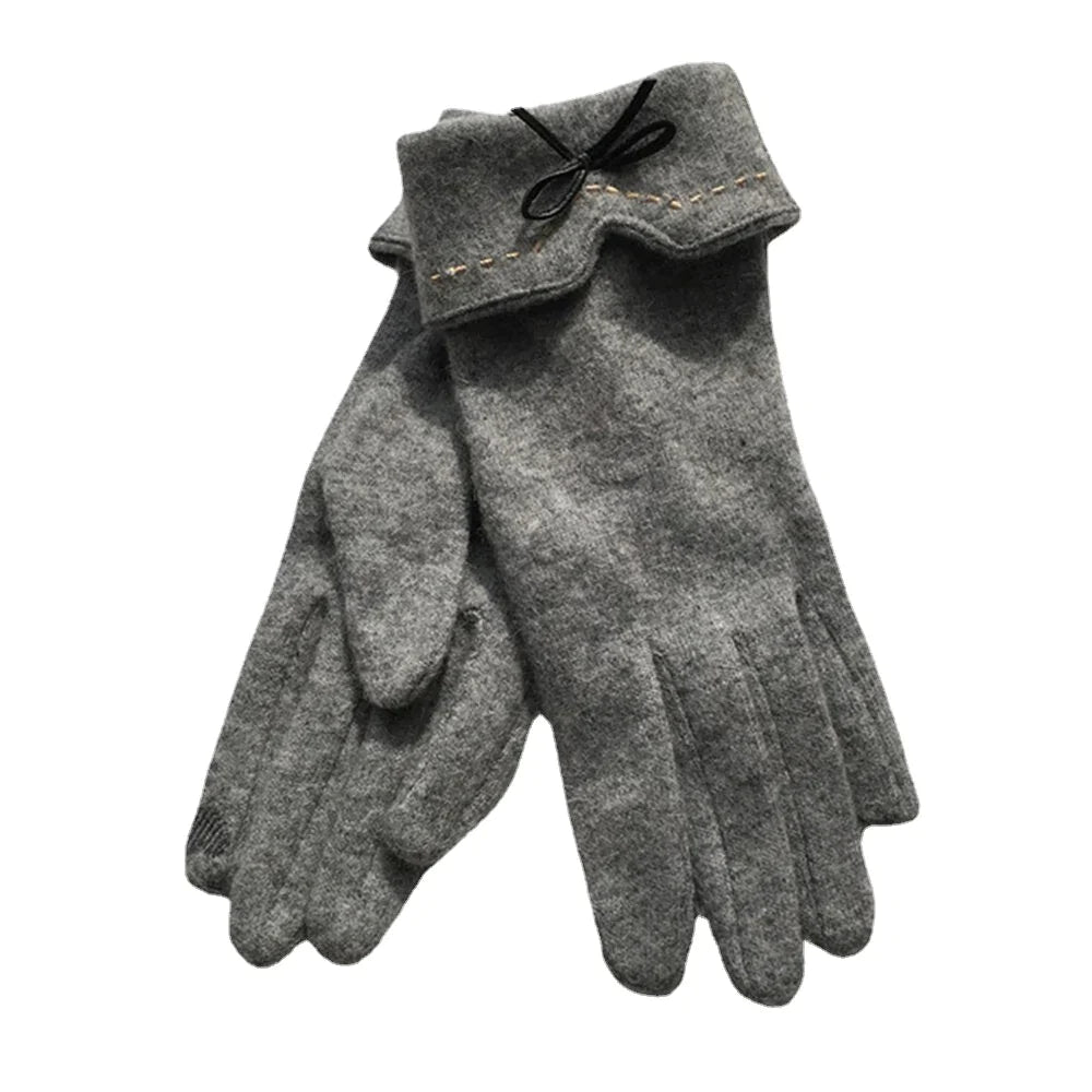 Women's Wool Touchscreen Gloves with Embroidery & Bowknot - Warm & Fashionable