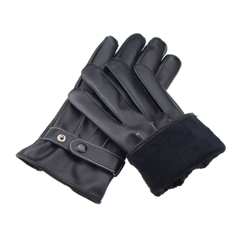 Black Waterproof Touchscreen Winter Gloves - Warm, Windproof, Full Finger, PU Leather, Thicken Cotton