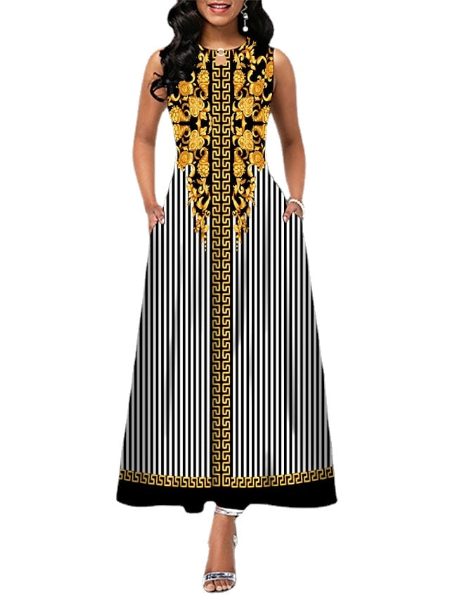 Women's Sleeveless Floral Crew Neck Casual Loose Fit Long Dress With Pocket