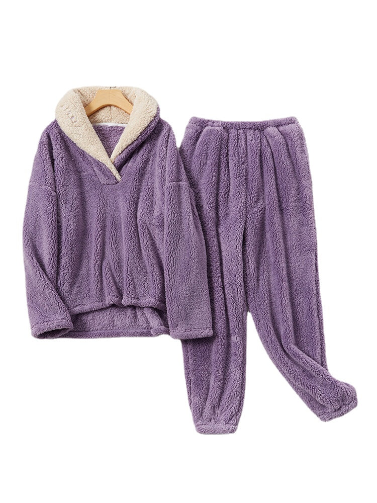 Women's Fluffy Plush Lapel Pajama Set - Warm High-Low Hem Loungewear