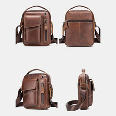 Men's Vintage Leather Crossbody Bag with Headphone Port & Multi-Pockets