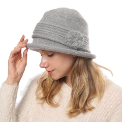 Women's Warm Knitted Bucket Hat with Flower Decoration