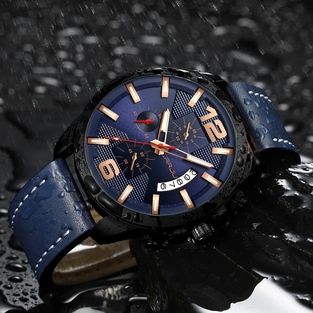 Men Luminous Display Calendar Chronograph Leather Strap Quartz Watch