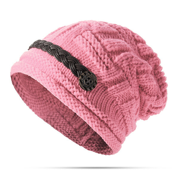 Women's Crochet Knit Beanie Hat with Button Detail - Baggy Style