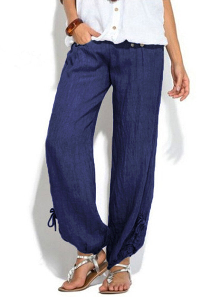 Women Casual High Waist Solid Color Button Yoga Harem Pants