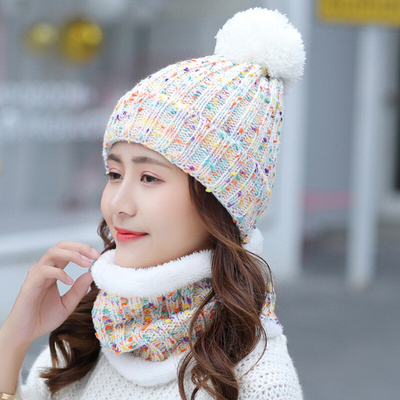 Warm Wool Beanie & Bib Set - Thick Winter Pom Cap