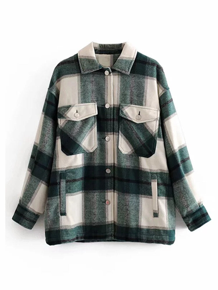 Women Plaid Button Front Lapel Long Sleeve Casual Coats With Multi Pocket