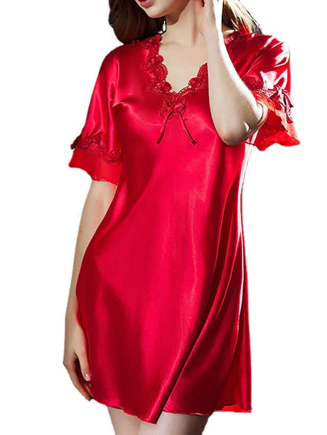 Elegant Women's Satin A-Line Mini Dress with Lace Bow, V-Neck, Solid Color for Home Lounge