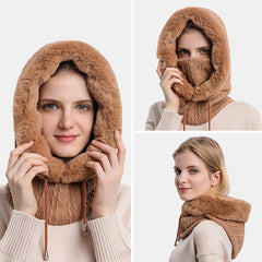 Women's Plush Hooded Neck & Ear Warmer: Cold-Proof Outdoor Riding Headgear