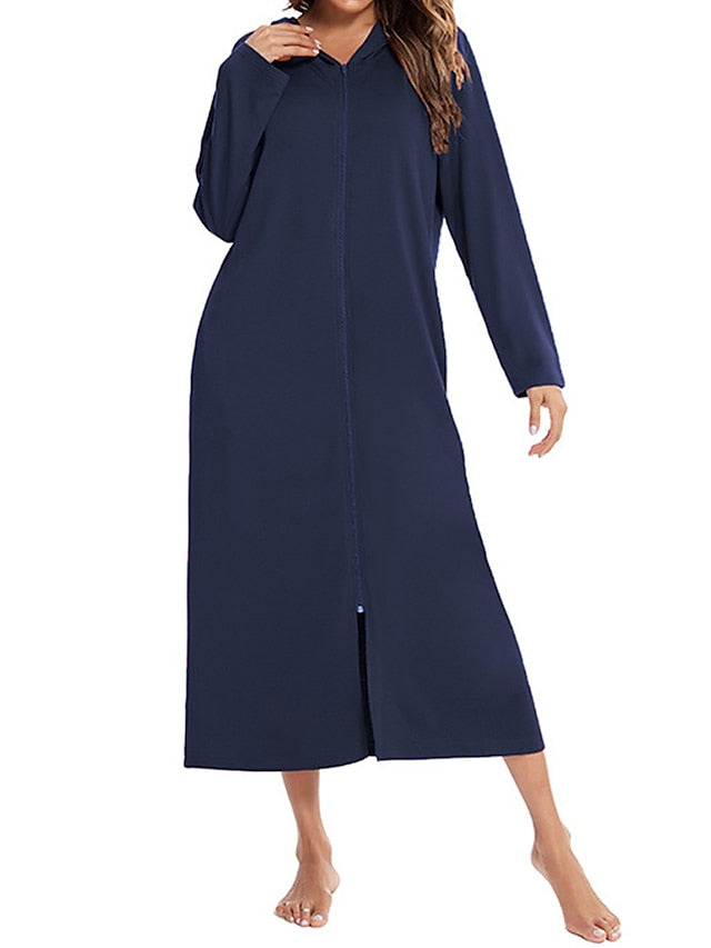 Women's Casual Midi Shift Dress with Pockets - Solid Color Hooded Lounge Wear