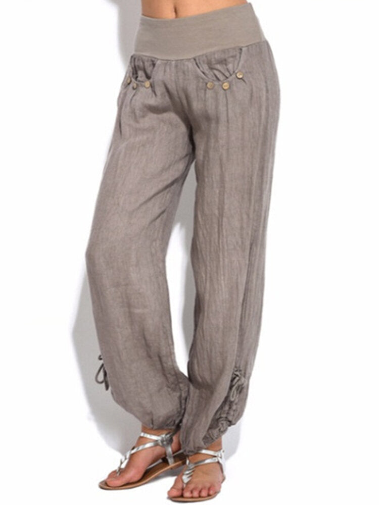 Women Casual High Waist Solid Color Button Yoga Harem Pants