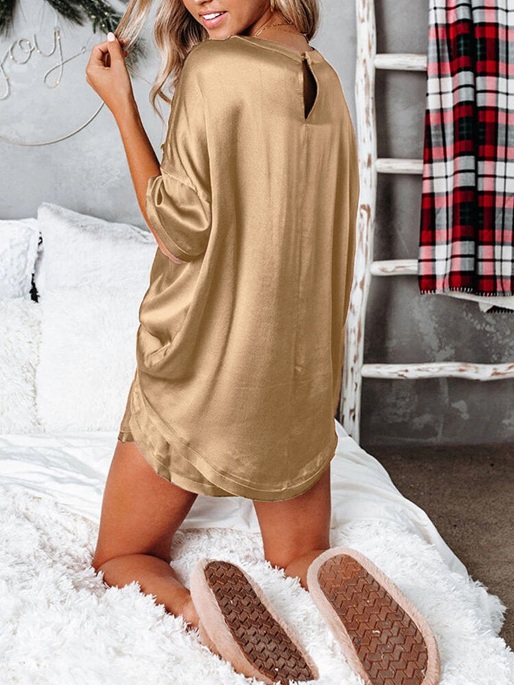 Women's O-Neck Elastic Waist Thigh-Length Pajama Set