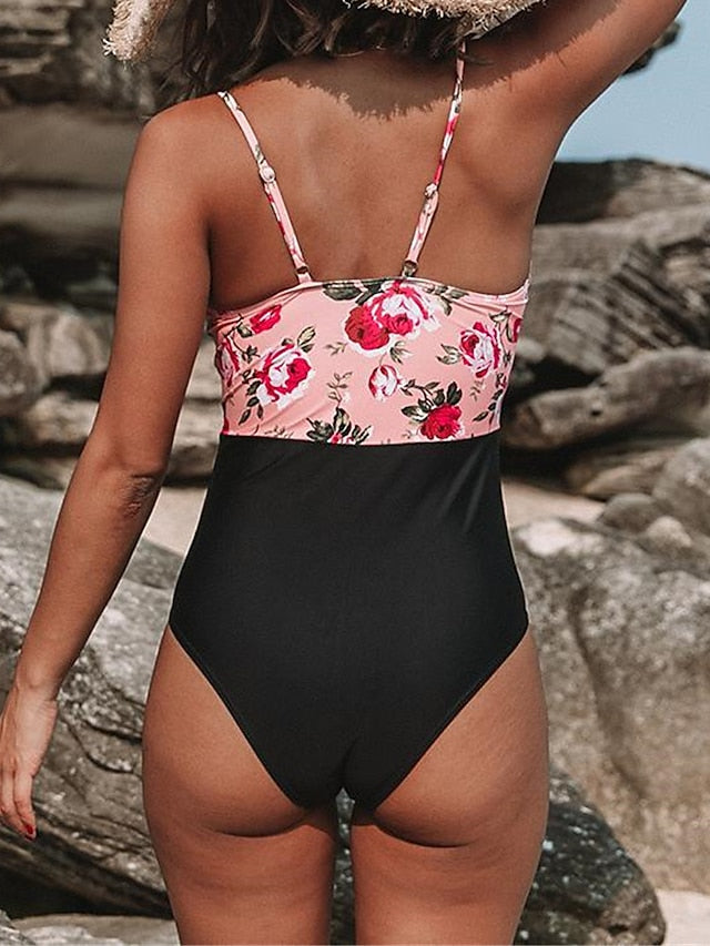 Women's Floral V-Wire One Piece Swimsuit, Tummy Control, Open Back, Rosy Pink, Sexy Vacation Fashion