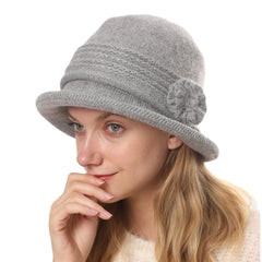 Women's Warm Knitted Bucket Hat with Flower Decoration