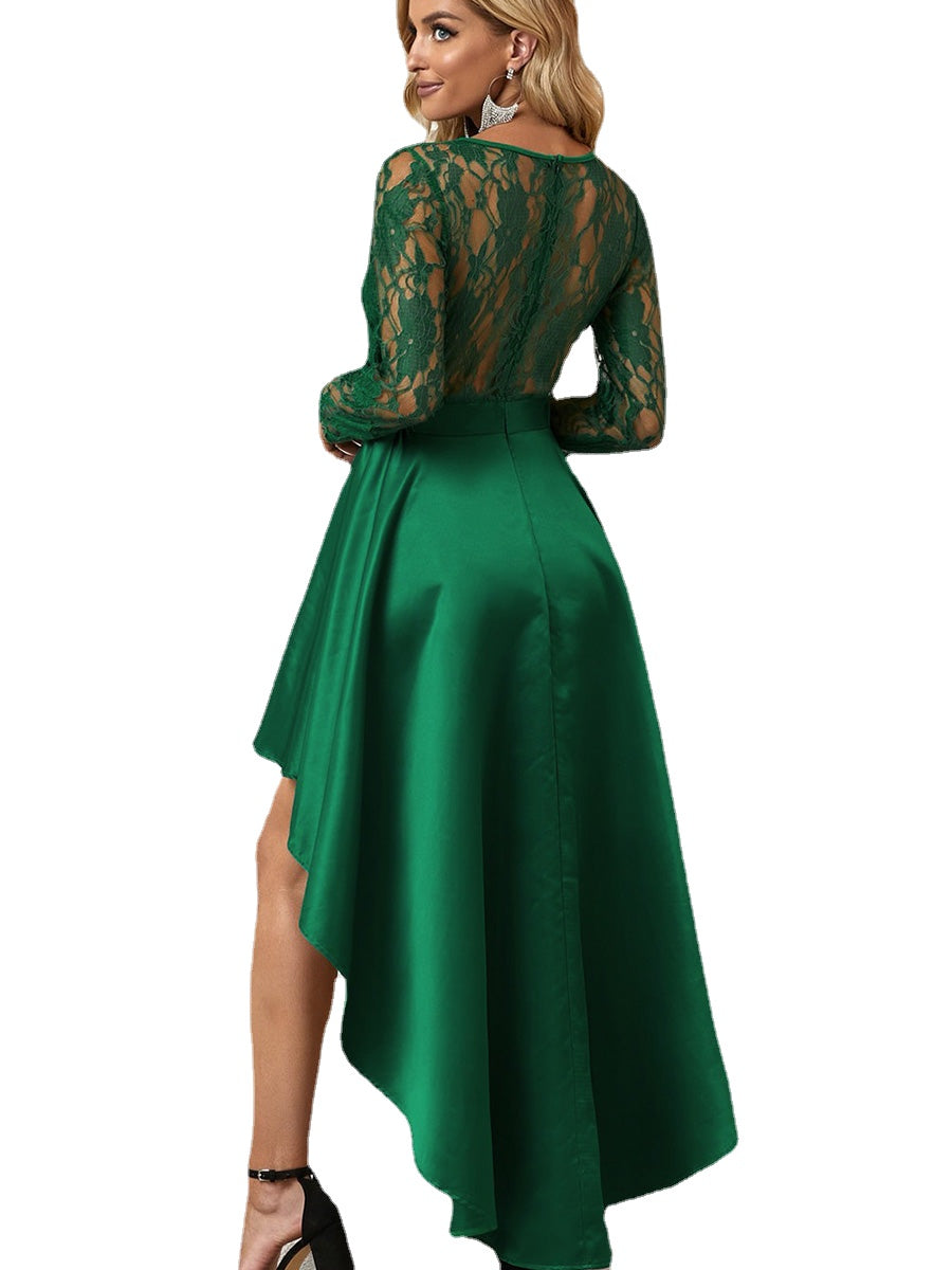 Asymmetric Lace Satin Dress - Long Sleeve, Solid Color, Printed Design