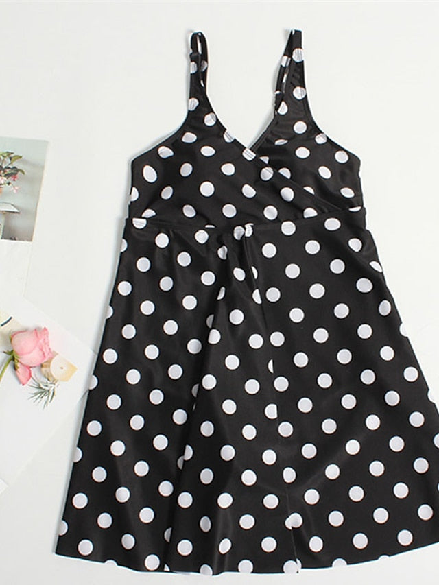 Plus Size Polka Dot Swim Dress: Tummy Control, Open Back, Padded, V Wire, Black, Women's Swimsuit