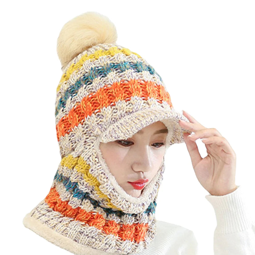 Women's Wool Knitted Hat: Warm, Windproof, Plus Velvet, Neck & Face Protection for Riding