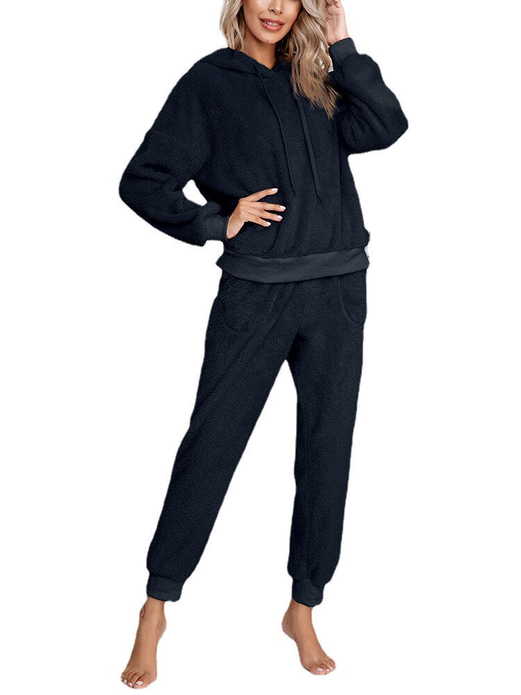 Women's Fleece Pullover Hoodie & Jogger Pajama Set - Cozy Solid Color Loungewear