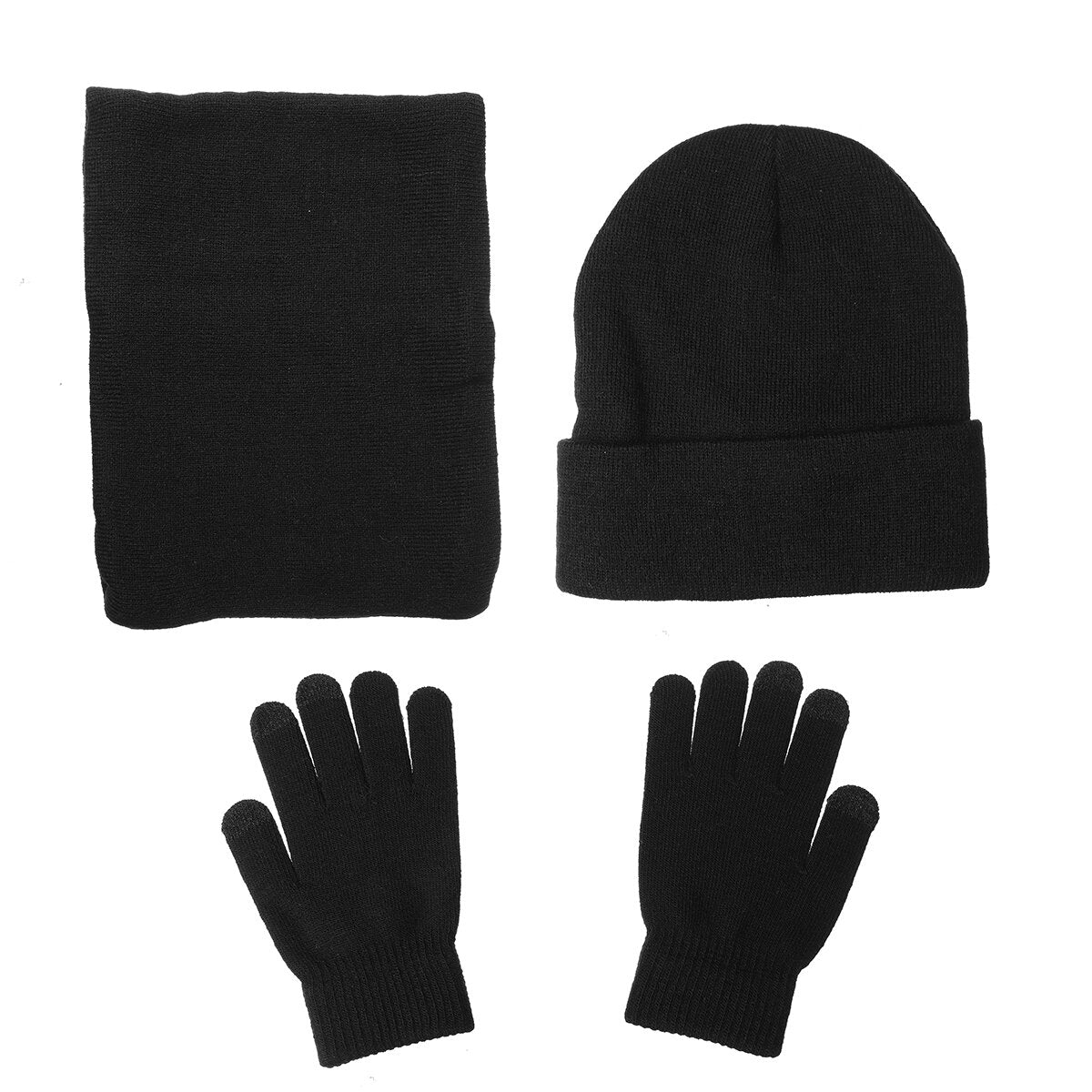 3 IN 1 Winter Beanie Hat Knitted Scarf Set Cap+Touch Screen Ski Thick Gloves