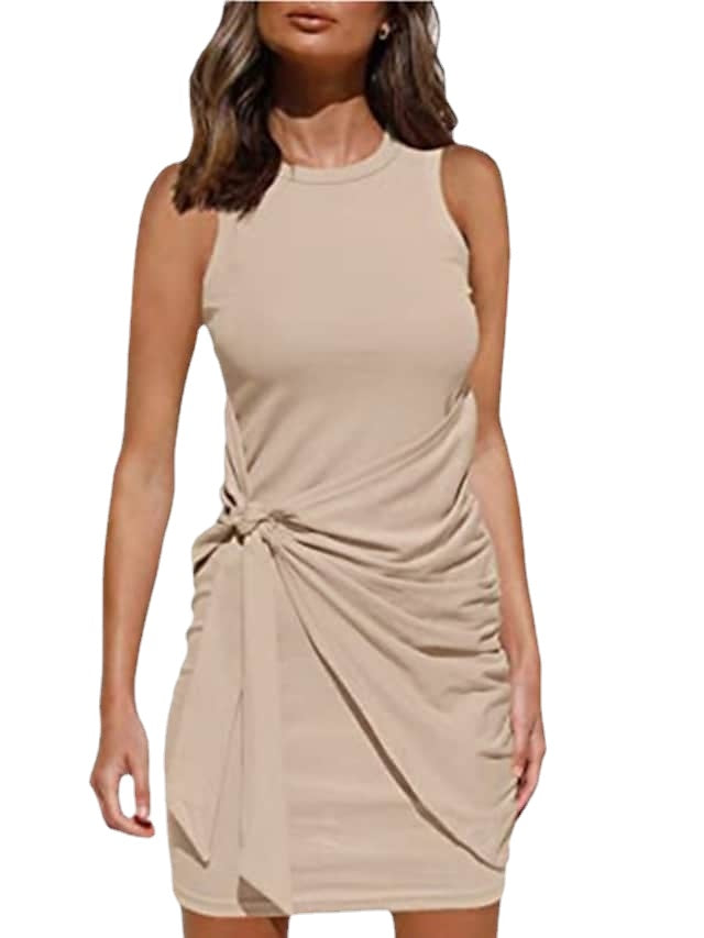 Women‘s Sleeveless Solid Color Patchwork Round Neck Elegant Short Mini Dress