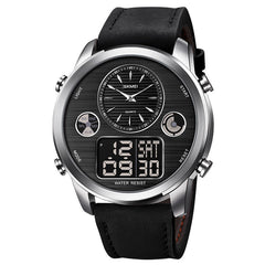 Men Digital Watch Date Week Luminous Display Stopwatch Countdown Leather Strap Dual Display Watch