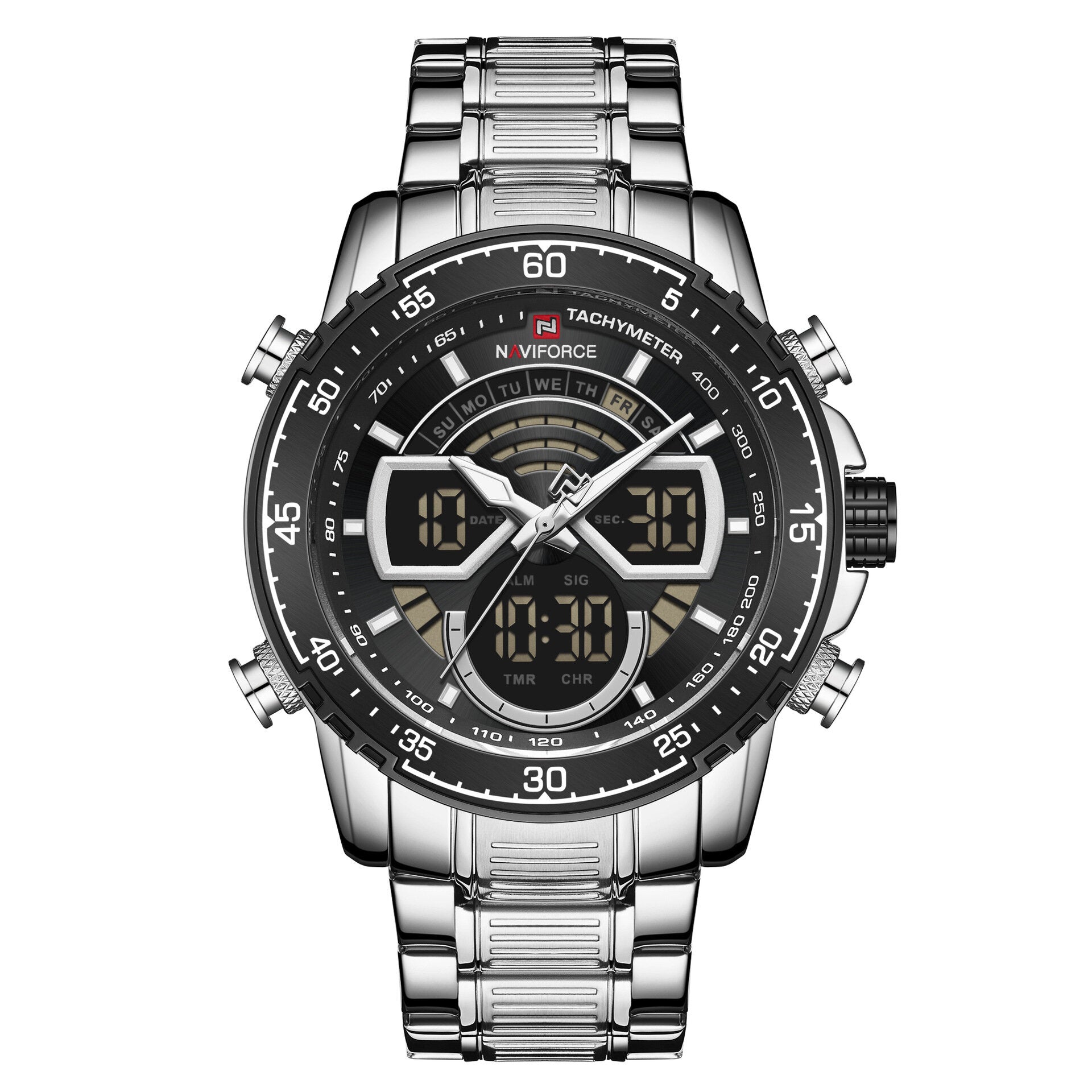 Casual Men Digital Watch Luminous Pointer with Calendar Dial Stainless Steel Strap 3ATM Waterproof Dual Display Watch