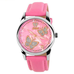 Butterfly PU Leather Band Life Waterproof Women Quartz Wrist Watch