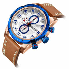 Multifunction 3D Dial Display Sport Men Wrist Watch Genuine Leather Band Quartz Watch