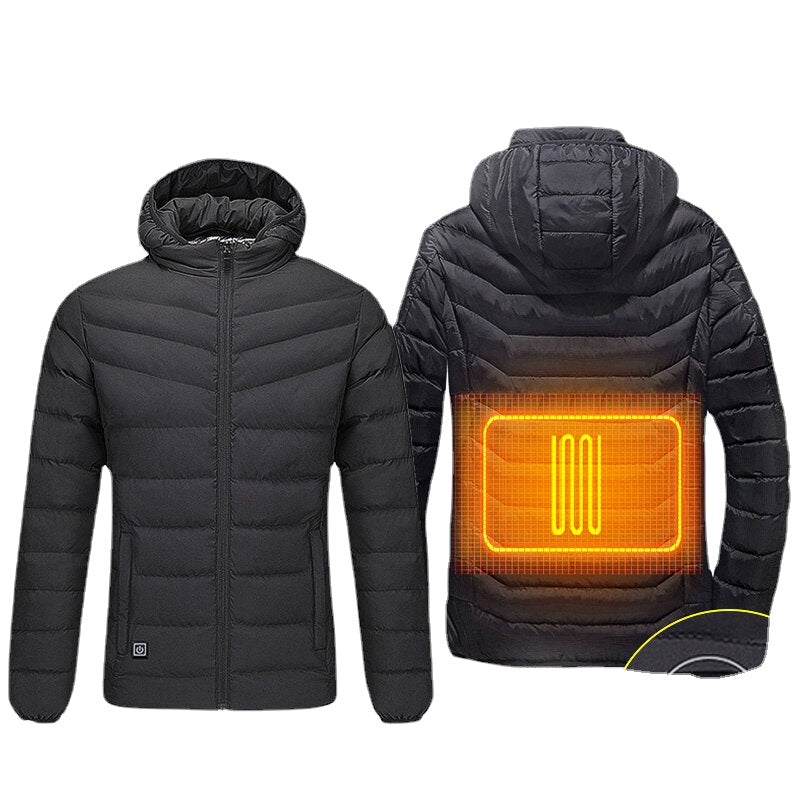 Mens USB Heated Warm Back Hooded Winter Jacket Motorcycle Skiing Riding Coat