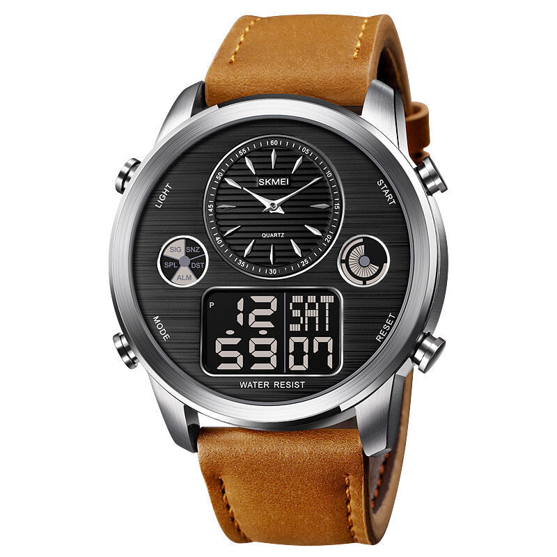 Men Digital Watch Date Week Luminous Display Stopwatch Countdown Leather Strap Dual Display Watch