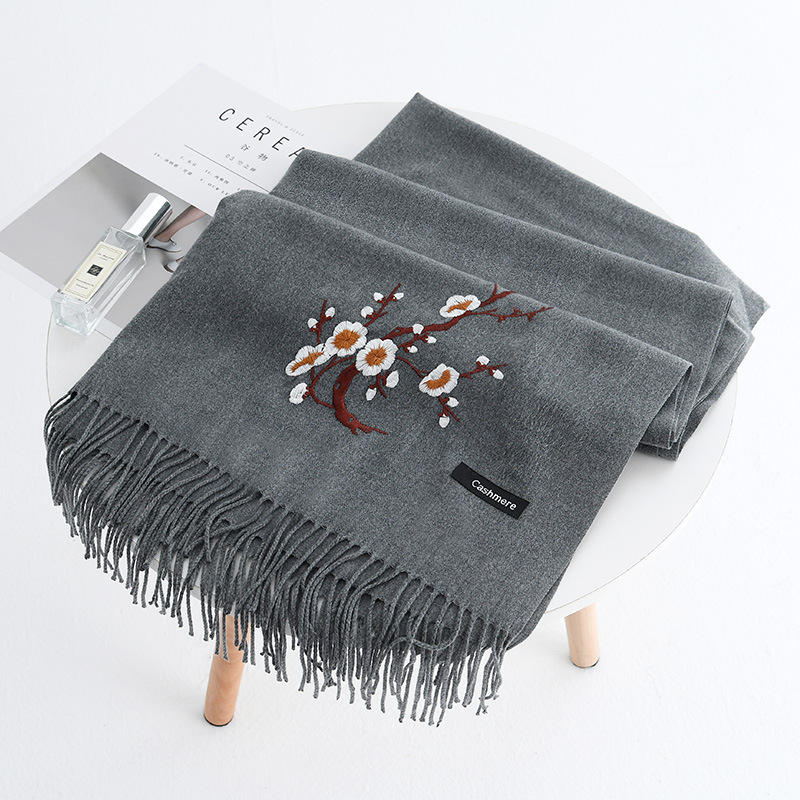 Elegant Plum Embroidery Tassel Scarf Shawl for Women - Winter Ethnic Style