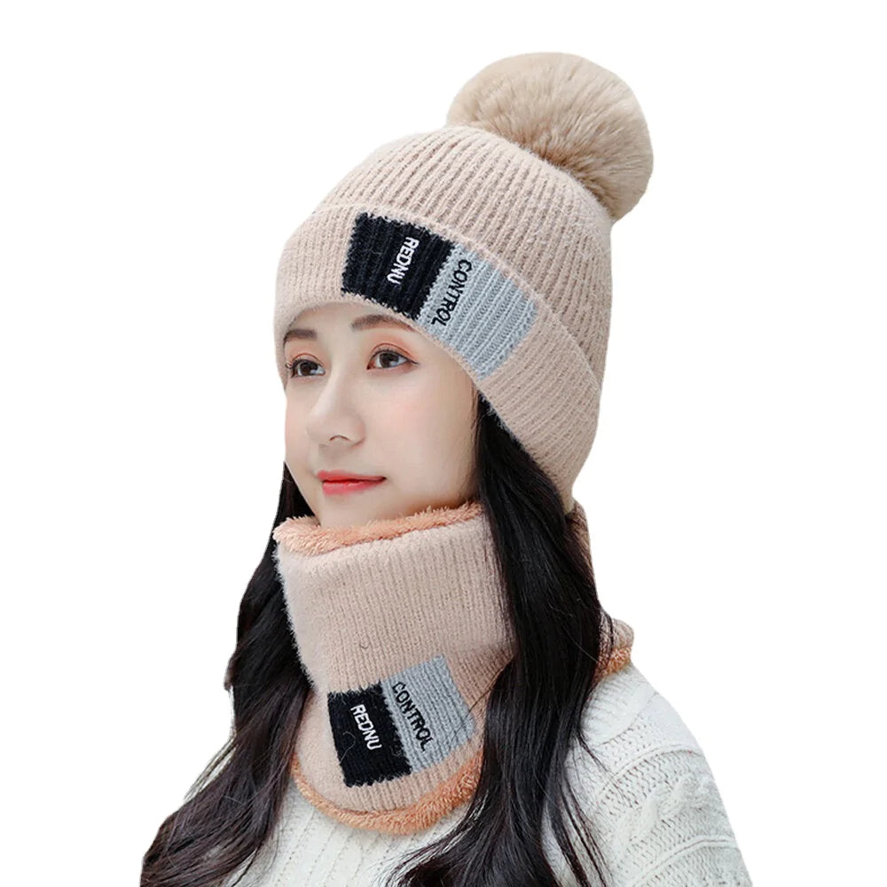 Unisex 2PCS Warm Windproof Knitted Hat & Scarf Set - Plus Velvet, Winter Neck & Face Protection