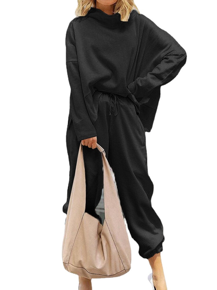 Women Plain Loose High Neck Tops Harem Pants Casual  Two-Piece Set