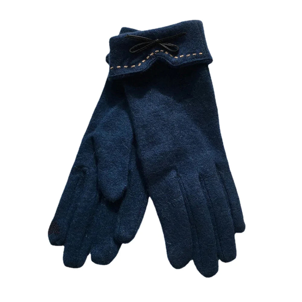 Women's Wool Touchscreen Gloves with Embroidery & Bowknot - Warm & Fashionable