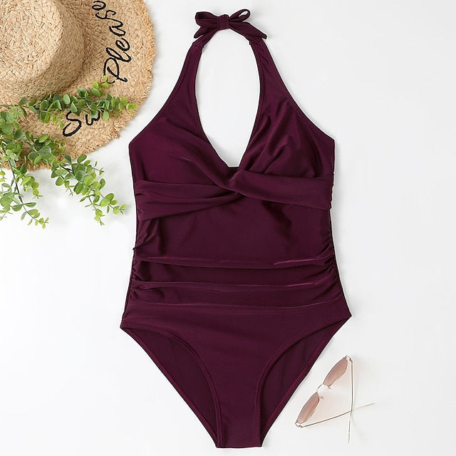 Women's Swimwear One Piece Normal Swimsuit Open Back Solid Color Leopard Leopard Print Black Wine Blue Green Bodysuit Bathing Suits Sports Summer
