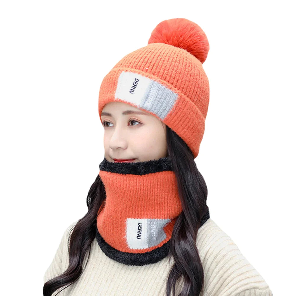 Unisex 2PCS Warm Windproof Knitted Hat & Scarf Set - Plus Velvet, Winter Neck & Face Protection