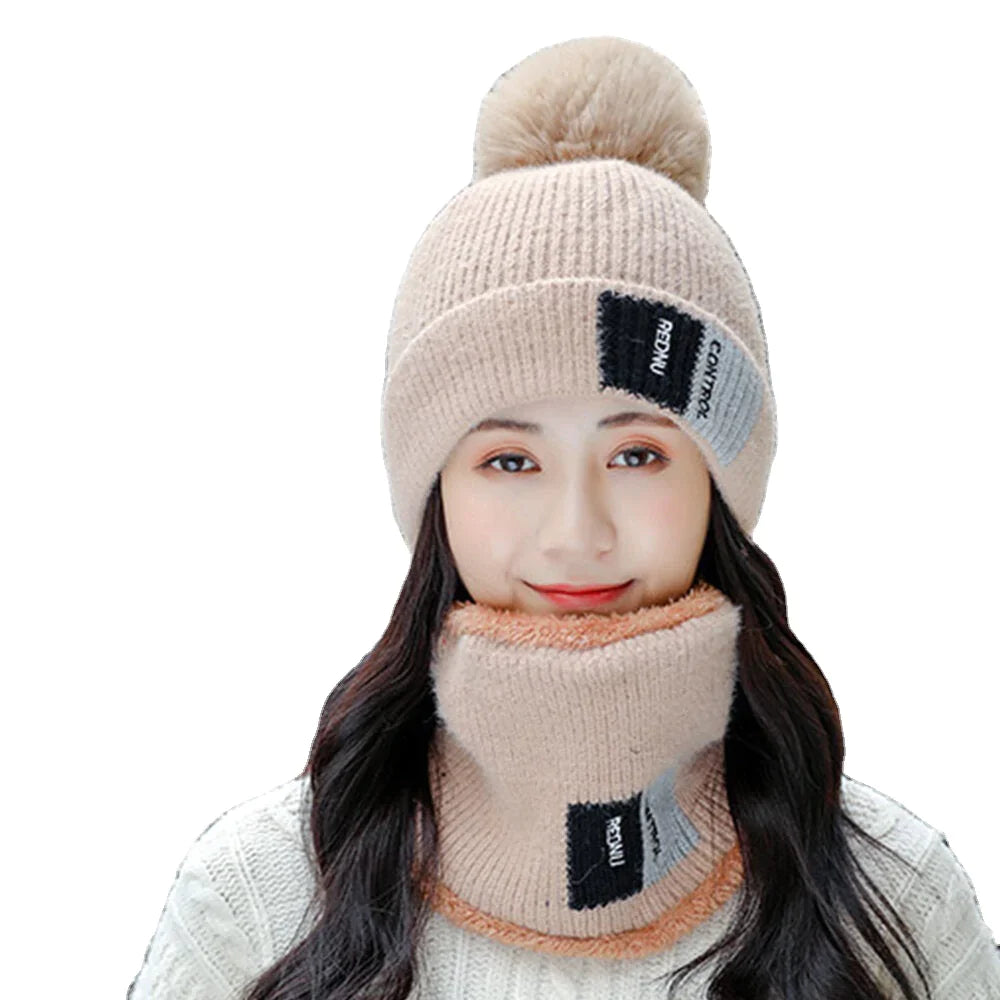 Unisex 2PCS Warm Windproof Knitted Hat & Scarf Set - Plus Velvet, Winter Neck & Face Protection