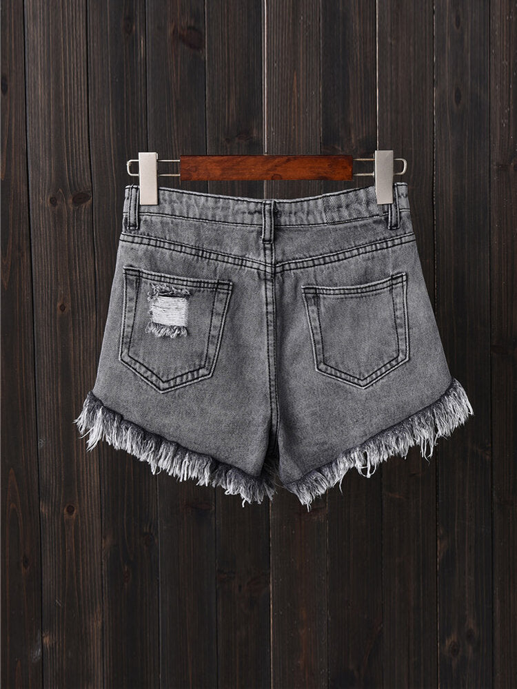 Women Button Up Pocket Loose Hollow Ripped Denim Shorts