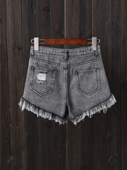 Women Button Up Pocket Loose Hollow Ripped Denim Shorts