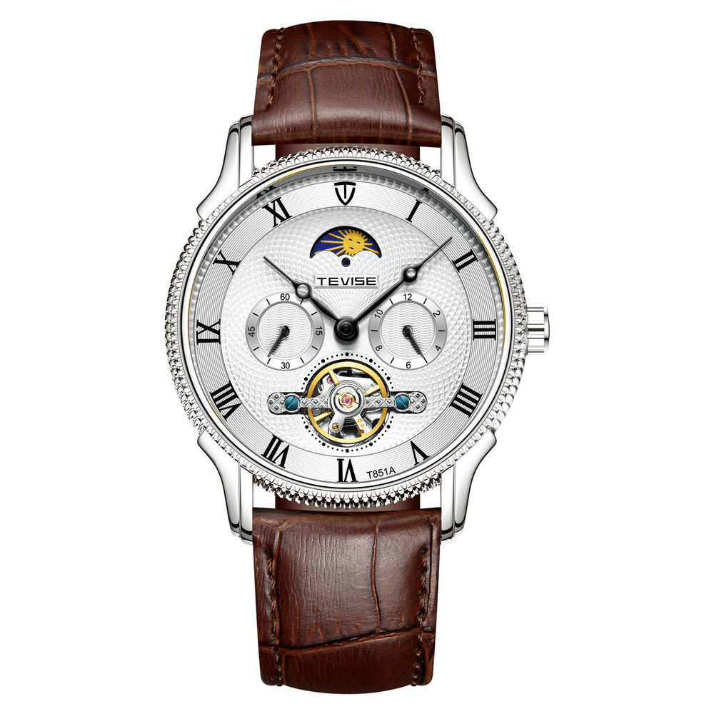 Moon Phase Automatic Mechanical Watch Roman Number Leather Band Men Watch