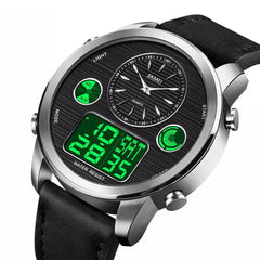 Men Digital Watch Date Week Luminous Display Stopwatch Countdown Leather Strap Dual Display Watch