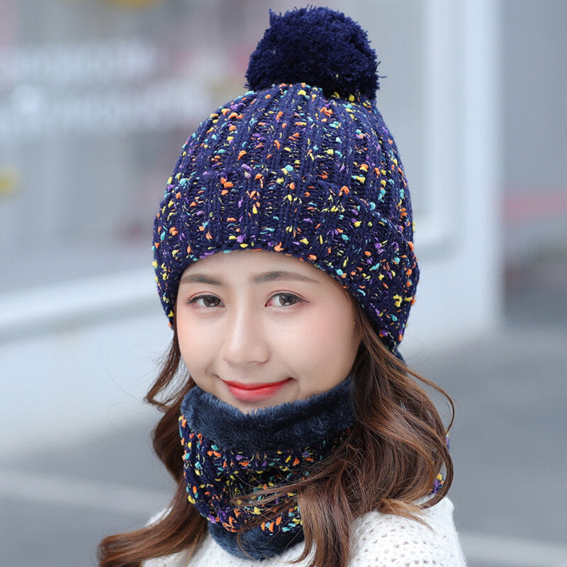 Warm Wool Beanie & Bib Set - Thick Winter Pom Cap